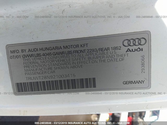 TRUWT28N921003415 - 2002 AUDI TT QUATTRO WHITE photo 9