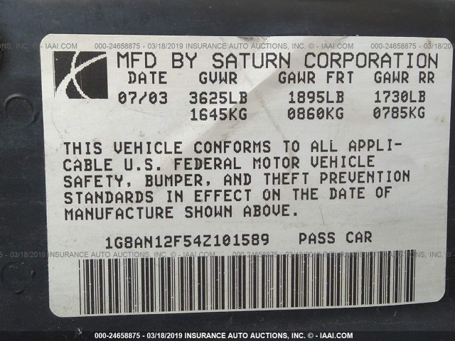 1G8AN12F54Z101589 - 2004 SATURN ION LEVEL 2 蓝色 照片 9