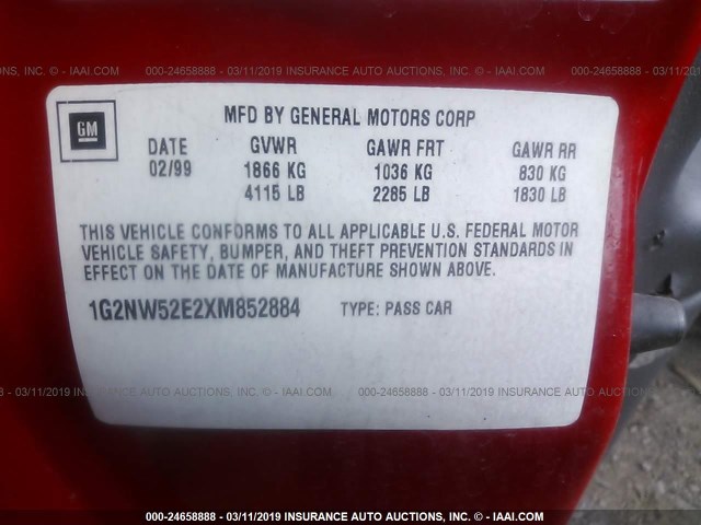 1G2NW52E2XM852884 - 1999 PONTIAC GRAND AM GT RED photo 9