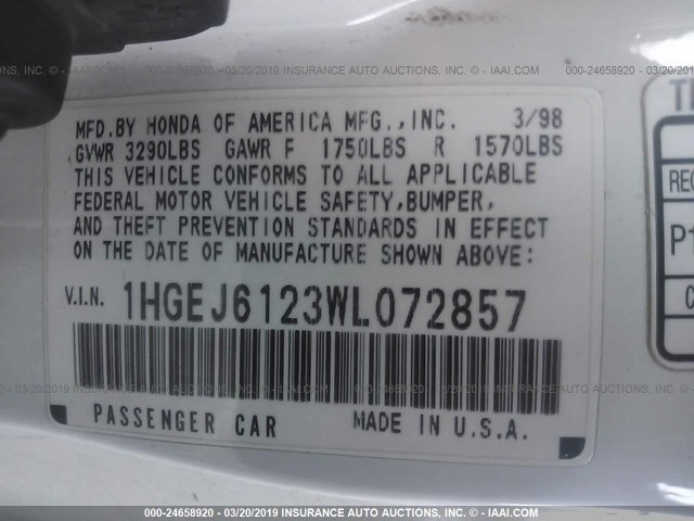 1HGEJ6123WL072857 - 1998 HONDA CIVIC DX WHITE photo 9