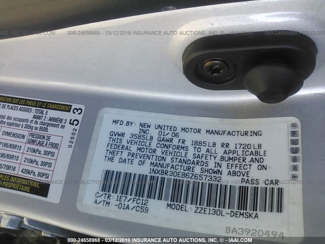 1NXBR30E86Z657332 - 2006 TOYOTA COROLLA CE/LE/S SILVER photo 9