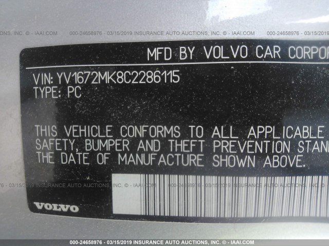 YV1672MK8C2286115 - 2012 VOLVO C30 T5 SILVER photo 9