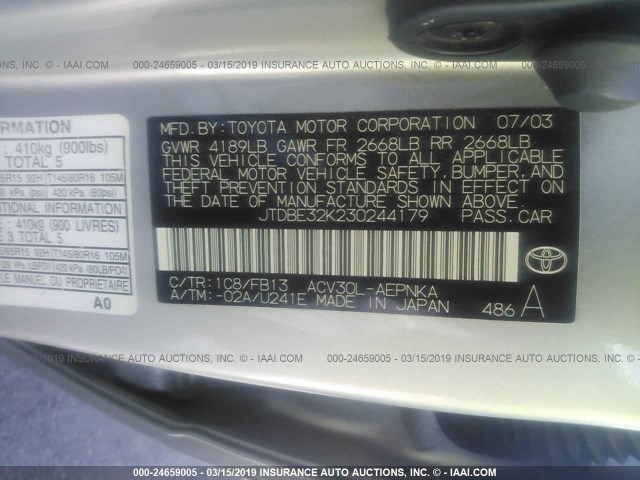 JTDBE32K230244179 - 2003 TOYOTA CAMRY LE/XLE Күміс фото 9