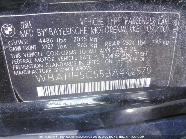 WBAPH5C55BA442570 - 2011 BMW 328 I SULEV BLACK photo 9
