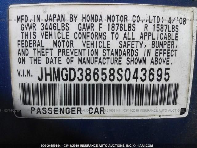 JHMGD38658S043695 - 2008 HONDA FIT SPORT BLUE photo 9