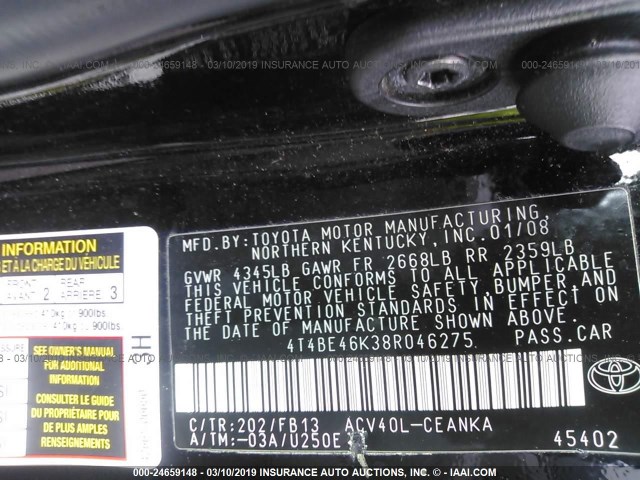 4T4BE46K38R046275 - 2008 TOYOTA CAMRY CE/LE/XLE/SE GRAY photo 9