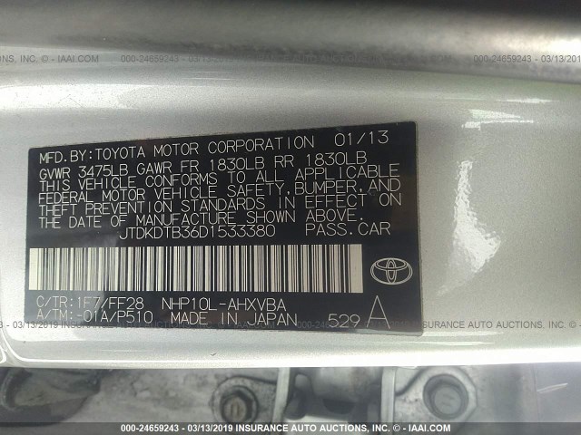 JTDKDTB36D1533380 - 2013 TOYOTA PRIUS C SILVER photo 9