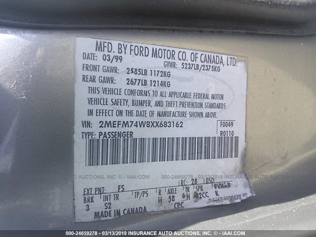 2MEFM74W8XX683162 - 1999 MERCURY GRAND MARQUIS GS GRAY photo 9