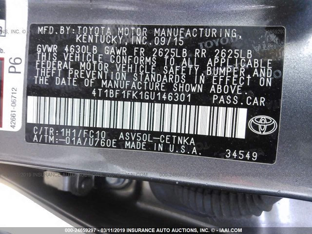 4T1BF1FK1GU146301 - 2016 TOYOTA CAMRY LE/XLE/SE/XSE GRAY photo 9