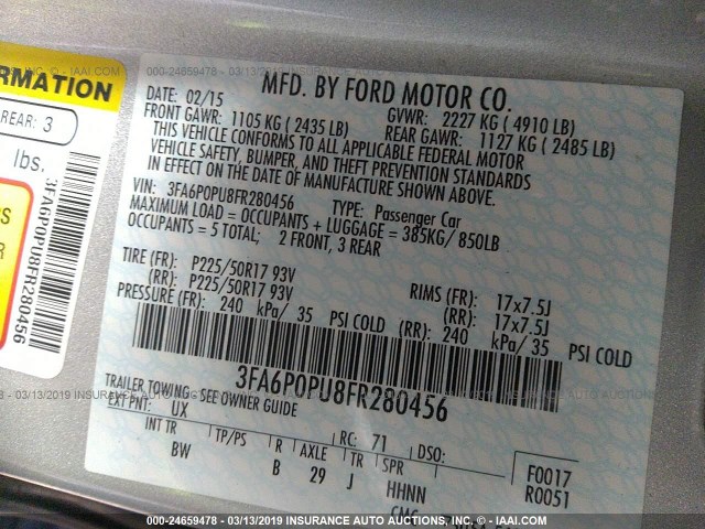 3FA6P0PU8FR280456 - 2015 FORD FUSION SE PHEV SILVER photo 9