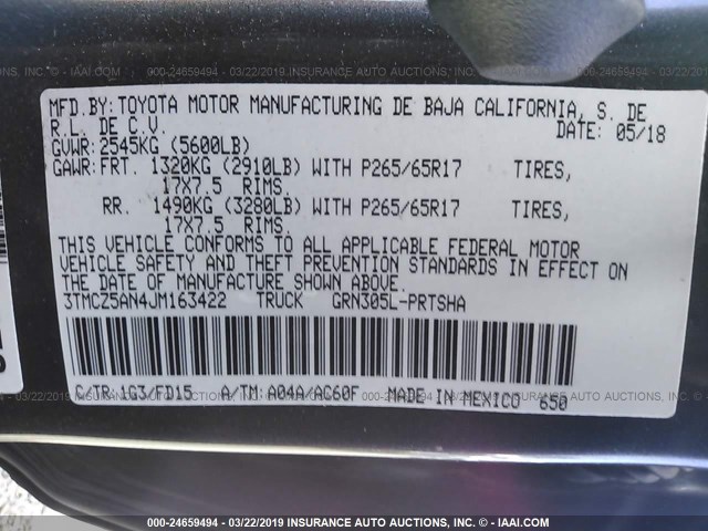 3TMCZ5AN4JM163422 - 2018 TOYOTA TACOMA DBL CAB/SR/TRDSPT/OR/PRO GRAY photo 9