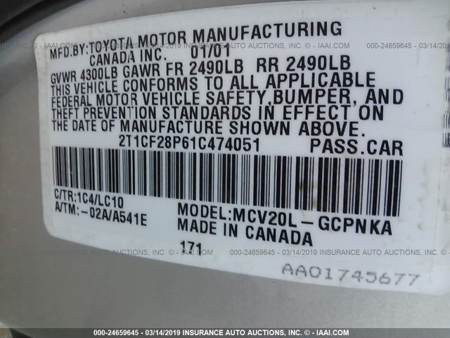 2T1CF28P61C474051 - 2001 TOYOTA CAMRY SOLARA SE/SLE GRAY photo 9