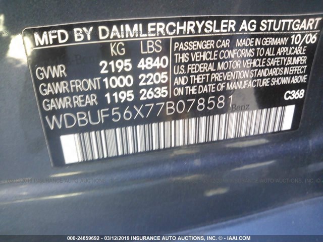 WDBUF56X77B078581 - 2007 MERCEDES-BENZ E 350 GRAY photo 9