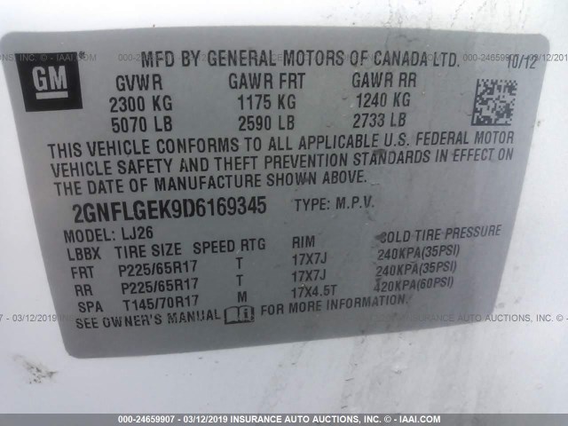 2GNFLGEK9D6169345 - 2013 CHEVROLET EQUINOX LTZ WHITE photo 9