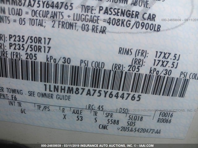 1LNHM87A75Y644765 - 2005 LINCOLN LS WHITE photo 9