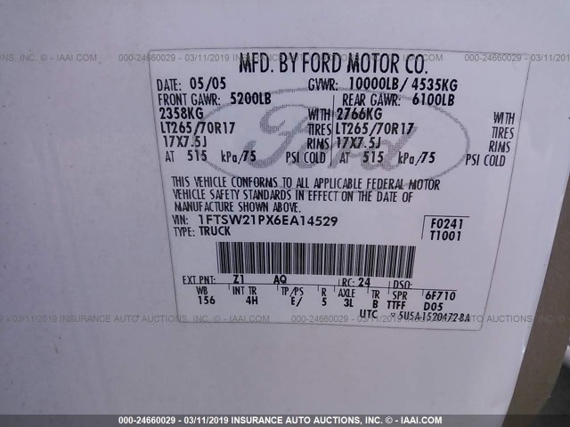 1FTSW21PX6EA14529 - 2006 FORD F250 SUPER DUTY WHITE photo 9