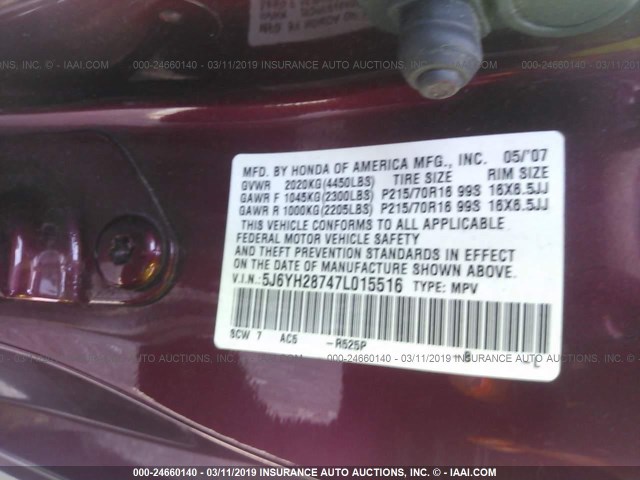 5J6YH28747L015516 - 2007 HONDA ELEMENT EX RED photo 9