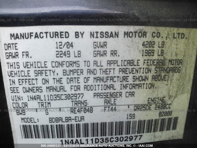 1N4AL11D35C302977 - 2005 NISSAN ALTIMA S/SL BLUE photo 9