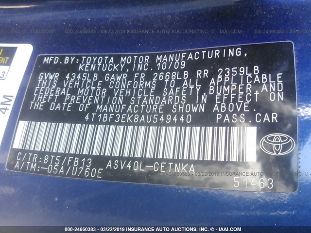 4T1BF3EK8AU549440 - 2010 TOYOTA CAMRY SE/LE/XLE 蓝色 照片 9