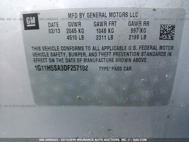 1G11H5SA3DF257102 - 2013 CHEVROLET MALIBU LTZ SILVER photo 9