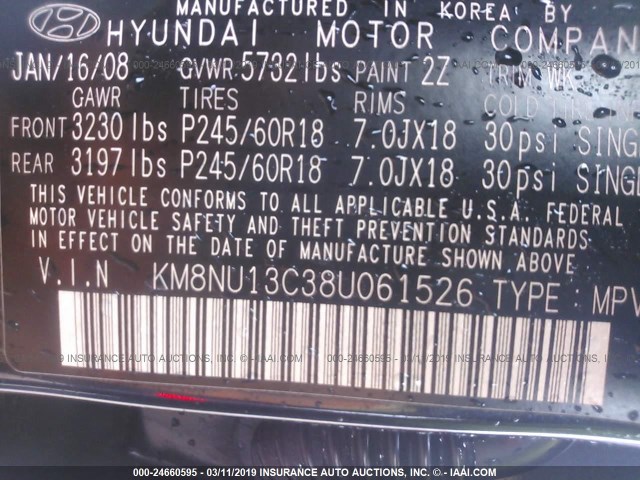 KM8NU13C38U061526 - 2008 HYUNDAI VERACRUZ GLS/SE/LIMITED BLACK photo 9