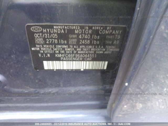 KMHFC46F96A044551 - 2006 HYUNDAI AZERA SE/LIMITED BLUE photo 9