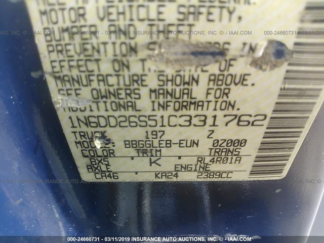 1N6DD26S51C331762 - 2001 NISSAN FRONTIER KING CAB XE BLUE photo 9
