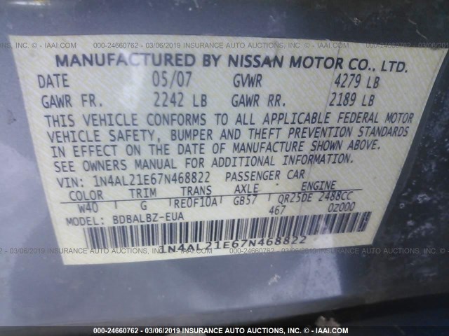 1N4AL21E67N468822 - 2007 NISSAN ALTIMA 2.5/2.5S Light Blue photo 9