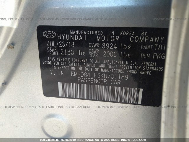 KMHD84LF5KU731189 - 2019 HYUNDAI ELANTRA SEL/VALUE/LIMITED SILVER photo 9