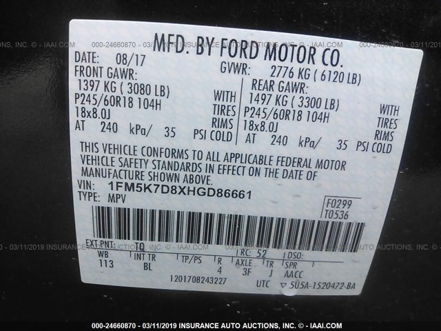 1FM5K7D8XHGD86661 - 2017 FORD EXPLORER XLT BLUE photo 9