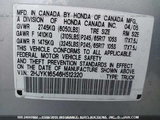 2HJYK16546H512320 - 2006 HONDA RIDGELINE RTL SILVER photo 9