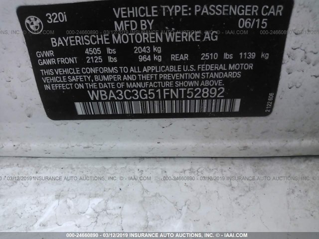 WBA3C3G51FNT52892 - 2015 BMW 320 I/XDRIVE WHITE photo 9