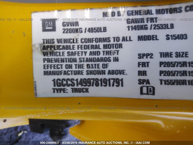 1GCCS149978191791 - 2007 CHEVROLET COLORADO YELLOW photo 9