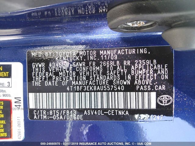 4T1BF3EK8AU557540 - 2010 TOYOTA CAMRY SE/LE/XLE 蓝色 照片 9