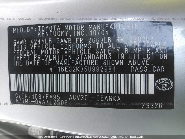 4T1BE32K35U992981 - 2005 TOYOTA CAMRY LE/XLE/SE SILVER photo 9