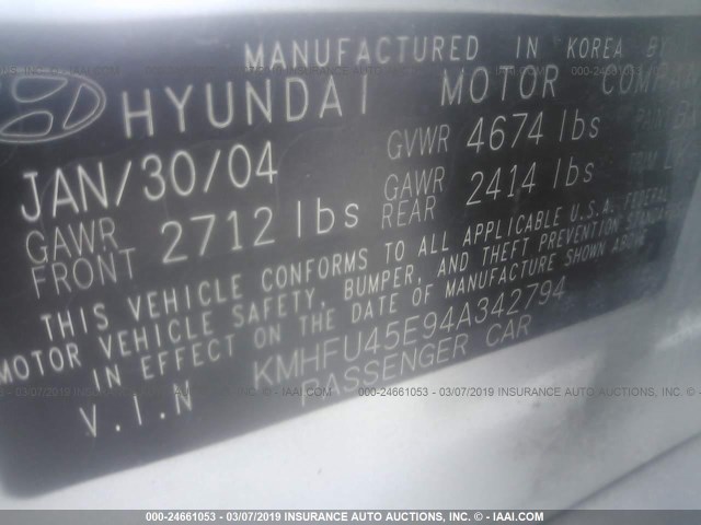 KMHFU45E94A342794 - 2004 HYUNDAI XG 350 SILVER photo 9