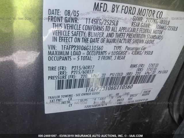 1FAFP23106G110560 - 2006 FORD FIVE HUNDRED  GRAY photo 9