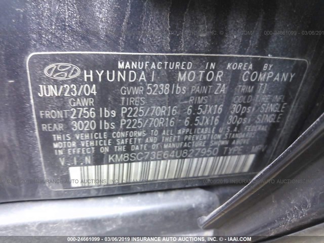 KM8SC73E64U827950 - 2004 HYUNDAI SANTA FE GLS/LX BLUE photo 9