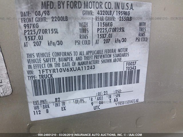 1FTYR10V6XUA11243 - 1999 FORD RANGER GOLD photo 9