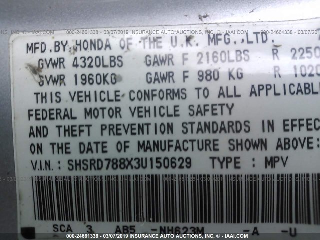 SHSRD788X3U150629 - 2003 HONDA CR-V EX GRAY photo 9