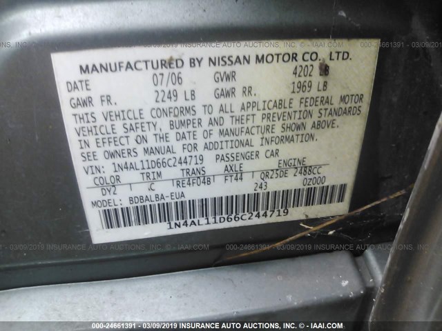 1N4AL11D66C244719 - 2006 NISSAN ALTIMA S/SL GREEN photo 9