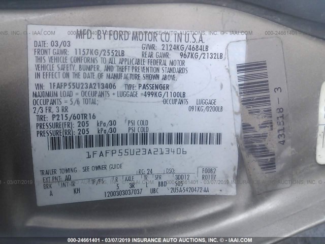 1FAFP55U23A213406 - 2003 FORD TAURUS SES BEIGE photo 9