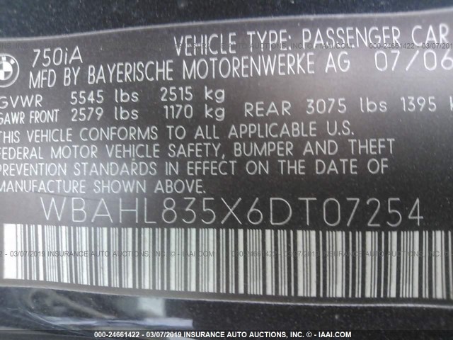 WBAHL835X6DT07254 - 2006 BMW 750 I BLACK photo 9