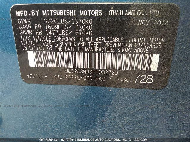 ML32A3HJ3FH032720 - 2015 MITSUBISHI MIRAGE DE BLUE photo 9