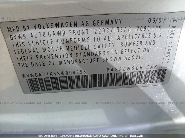 WVWDA71K58W004898 - 2008 VOLKSWAGEN RABBIT SILVER photo 9