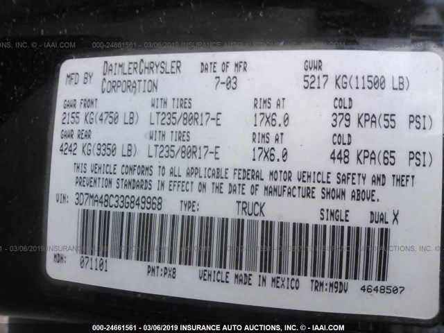 3D7MA48C33G849968 - 2003 DODGE RAM 3500 ST/SLT BLACK photo 9