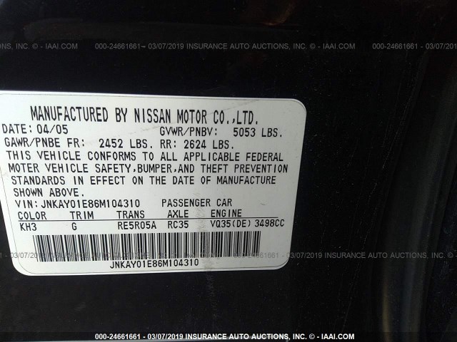 JNKAY01E86M104310 - 2006 INFINITI M35 BLACK photo 9