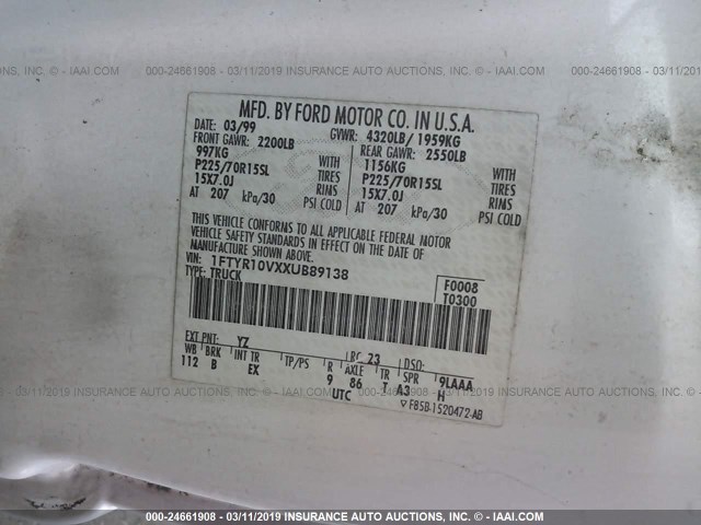 1FTYR10VXXUB89138 - 1999 FORD RANGER WHITE photo 9