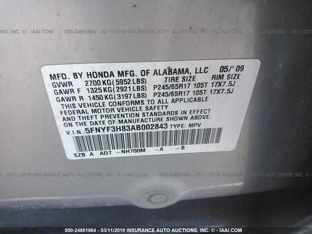 5FNYF3H83AB002843 - 2010 HONDA PILOT TOURING SILVER photo 9