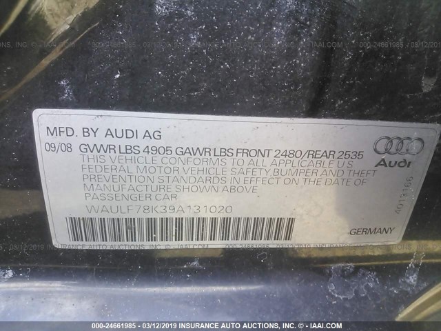 WAULF78K39A131020 - 2009 AUDI A4 2.0T QUATTRO GRAY photo 9